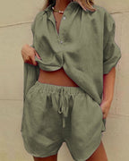 Willluxe® Casual V-Neck Button Down Shirt and Shorts Set Easy Everyday Summer Two-Piece Outfit