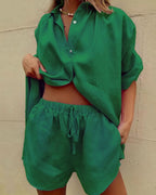 Willluxe® Casual V-Neck Button Down Shirt and Shorts Set Easy Everyday Summer Two-Piece Outfit