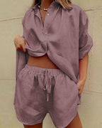 Willluxe® Casual V-Neck Button Down Shirt and Shorts Set Easy Everyday Summer Two-Piece Outfit