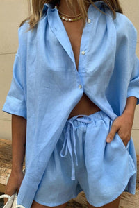 Willluxe® Casual V-Neck Button Down Shirt and Shorts Set Easy Everyday Summer Two-Piece Outfit