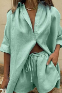Willluxe® Casual V-Neck Button Down Shirt and Shorts Set Easy Everyday Summer Two-Piece Outfit
