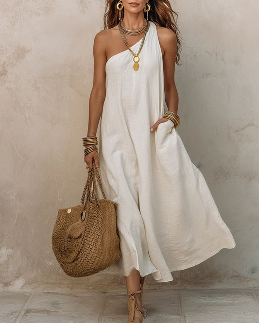 WILLLUXE® One-Shoulder Halter Maxi Dress