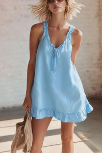 Willluxe® Breezy Ruffle Trim Tie-Front V-Neck Mini Dress Flowy Relaxed Fit Summer Dress