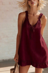 Willluxe® Breezy Ruffle Trim Tie-Front V-Neck Mini Dress Flowy Relaxed Fit Summer Dress