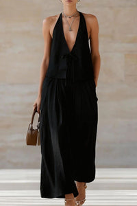 Willluxe® Sleeveless Vest & Wide-Leg Pants Set – 2-Piece Lace-Up Outfit