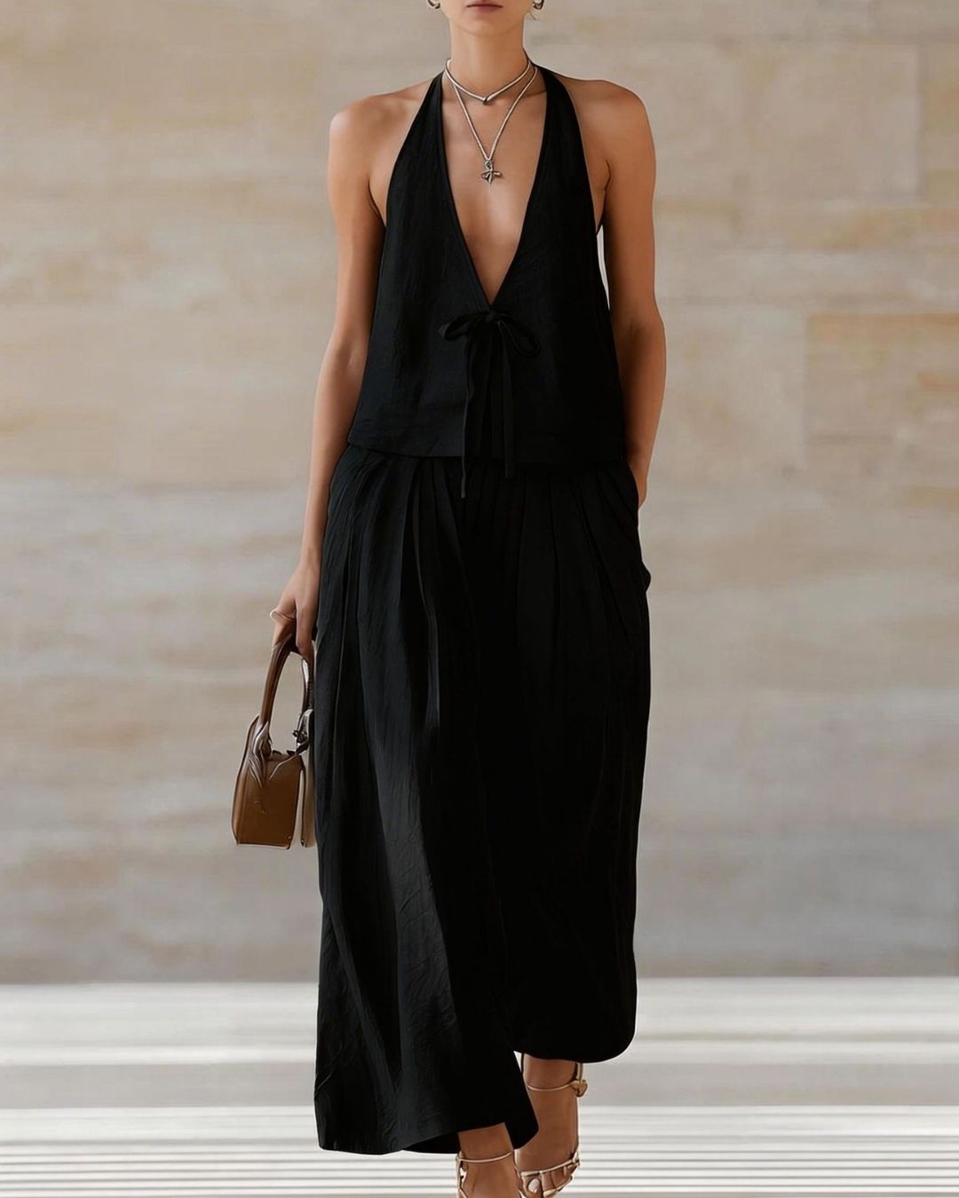 Willluxe® Sleeveless Vest & Wide-Leg Pants Set – 2-Piece Lace-Up Outfit