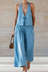 Willluxe® Sleeveless Vest & Wide-Leg Pants Set – 2-Piece Lace-Up Outfit