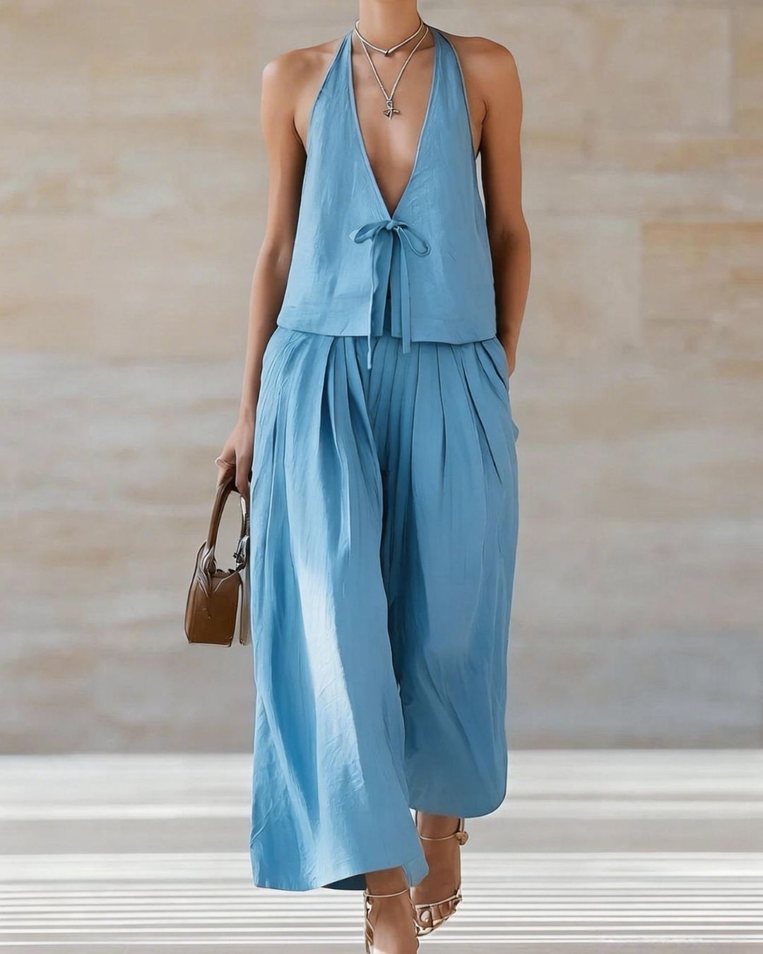 Willluxe® Sleeveless Vest & Wide-Leg Pants Set – 2-Piece Lace-Up Outfit