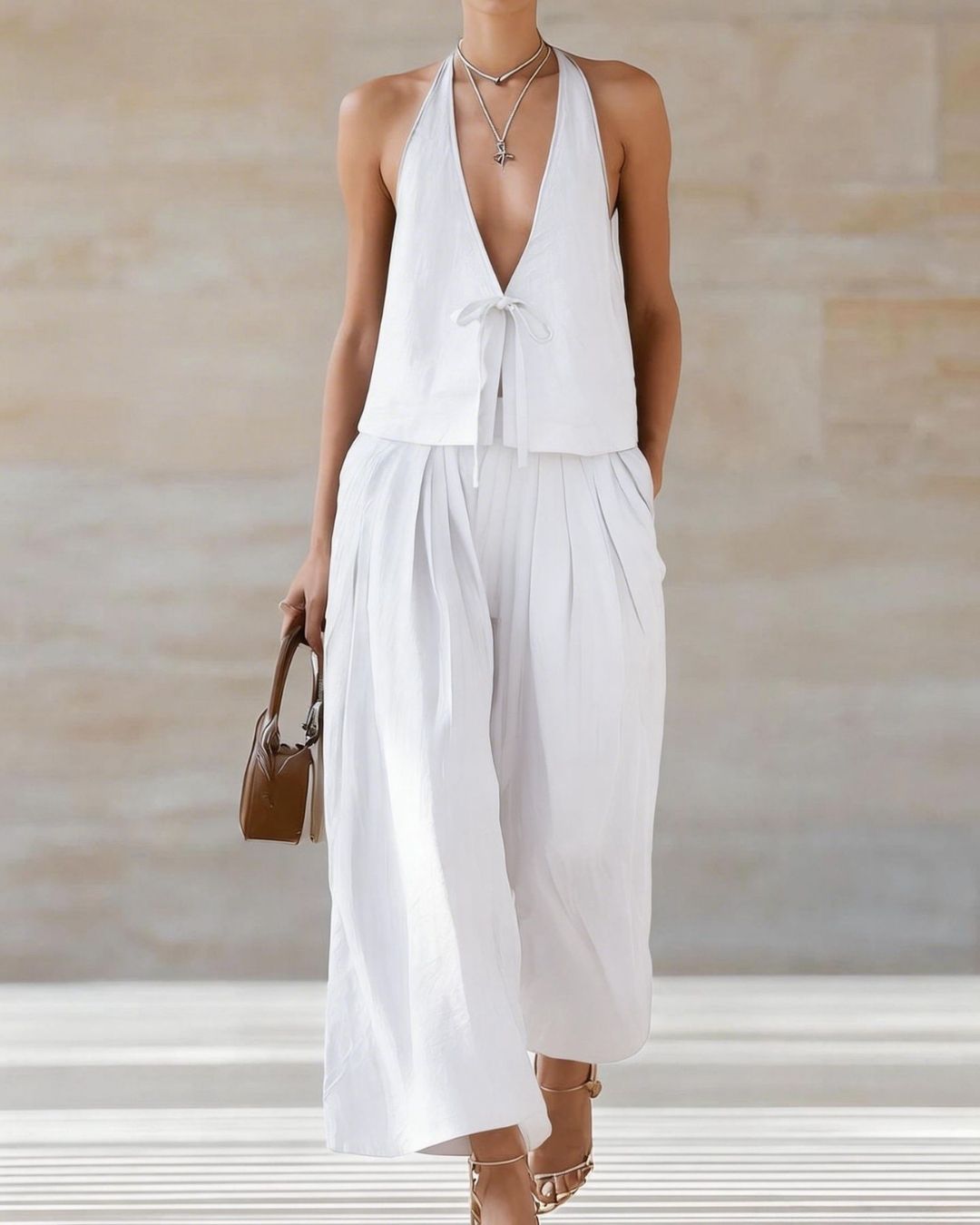 Willluxe® Sleeveless Vest & Wide-Leg Pants Set – 2-Piece Lace-Up Outfit