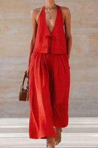 Willluxe® Sleeveless Vest & Wide-Leg Pants Set – 2-Piece Lace-Up Outfit