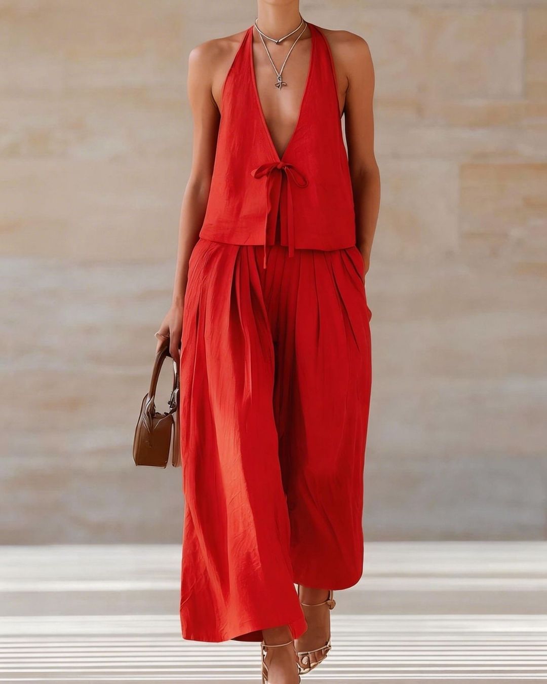 Willluxe® Sleeveless Vest & Wide-Leg Pants Set – 2-Piece Lace-Up Outfit