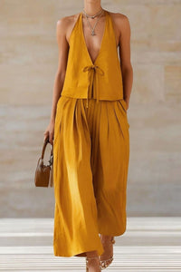 Willluxe® Sleeveless Vest & Wide-Leg Pants Set – 2-Piece Lace-Up Outfit
