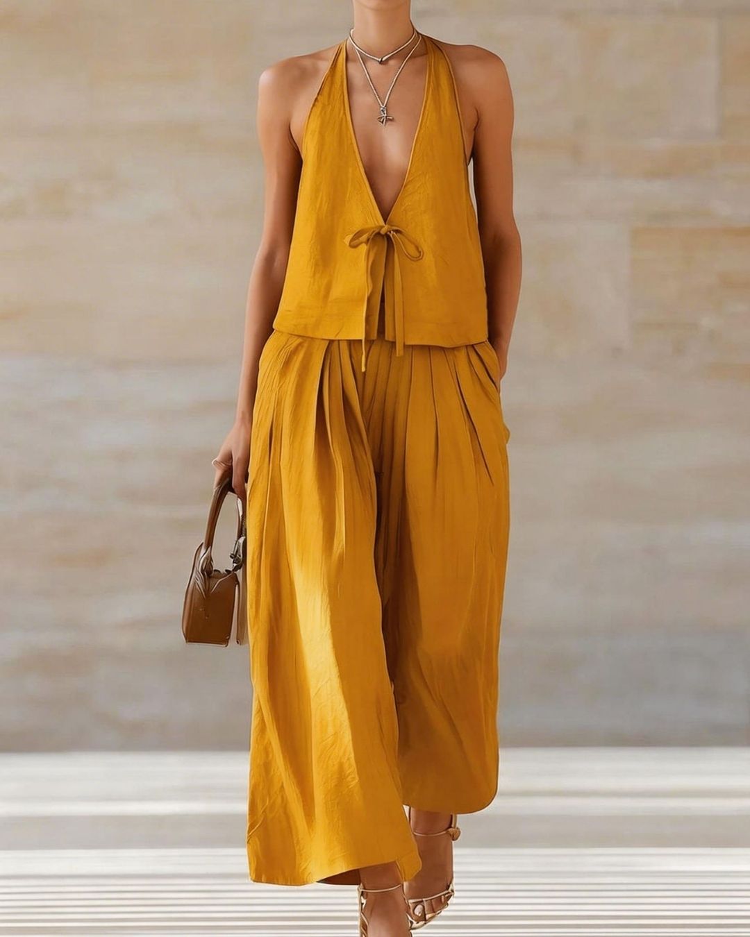 Willluxe® Sleeveless Vest & Wide-Leg Pants Set – 2-Piece Lace-Up Outfit