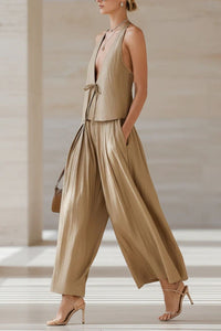 Willluxe® Sleeveless Vest & Wide-Leg Pants Set – 2-Piece Lace-Up Outfit
