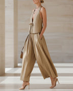 Willluxe® Sleeveless Vest & Wide-Leg Pants Set – 2-Piece Lace-Up Outfit