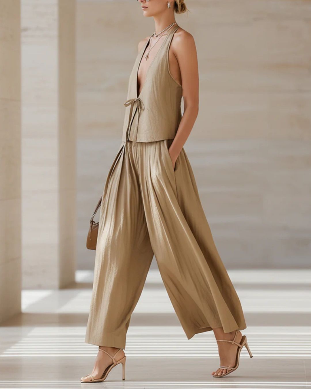 Willluxe® Sleeveless Vest & Wide-Leg Pants Set – 2-Piece Lace-Up Outfit