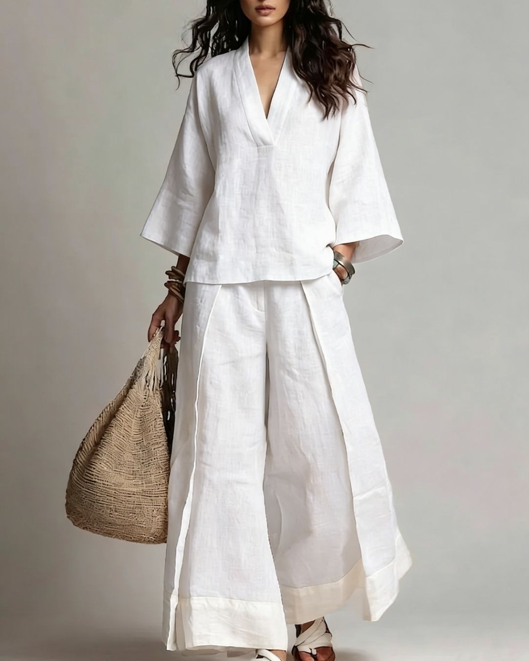 Willluxe® Boho Oasis Set Deep V Neck Tunic Palazzo Pants Resort Wear