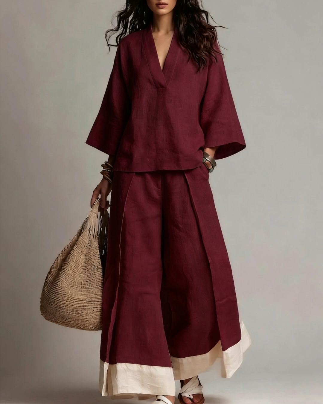 Willluxe® Boho Oasis Set Deep V Neck Tunic Palazzo Pants Resort Wear
