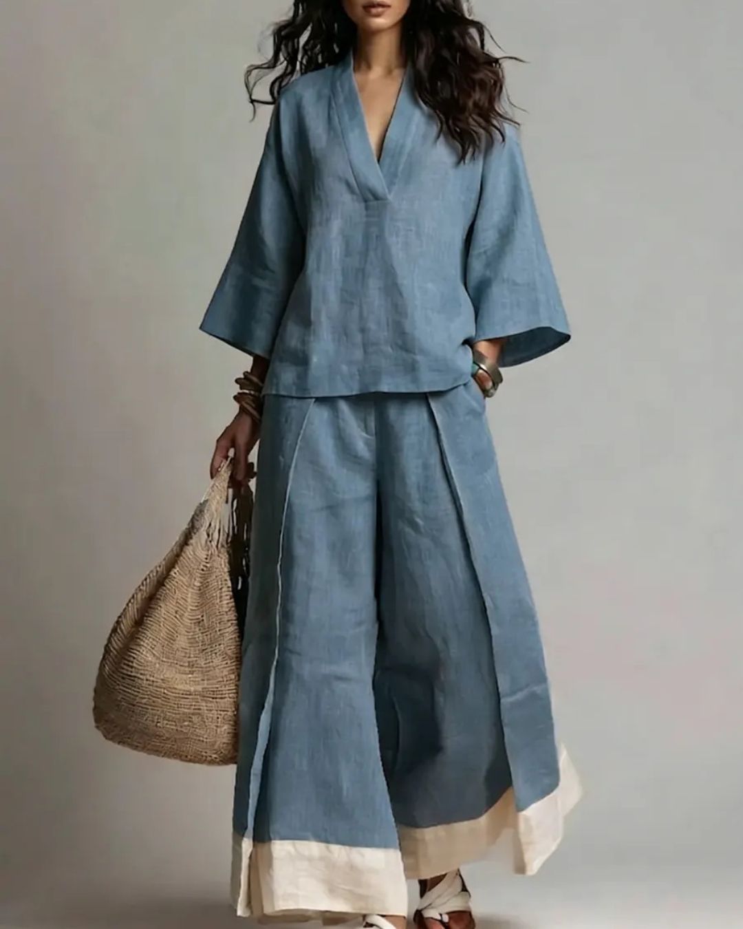 Willluxe® Boho Oasis Set Deep V Neck Tunic Palazzo Pants Resort Wear
