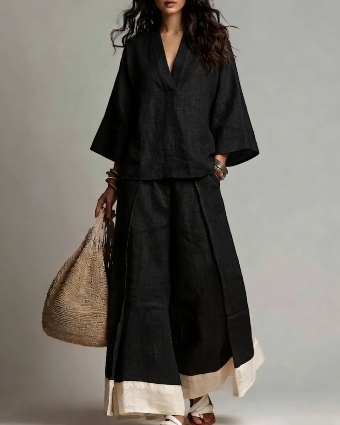 Willluxe® Boho Oasis Set Deep V Neck Tunic Palazzo Pants Resort Wear