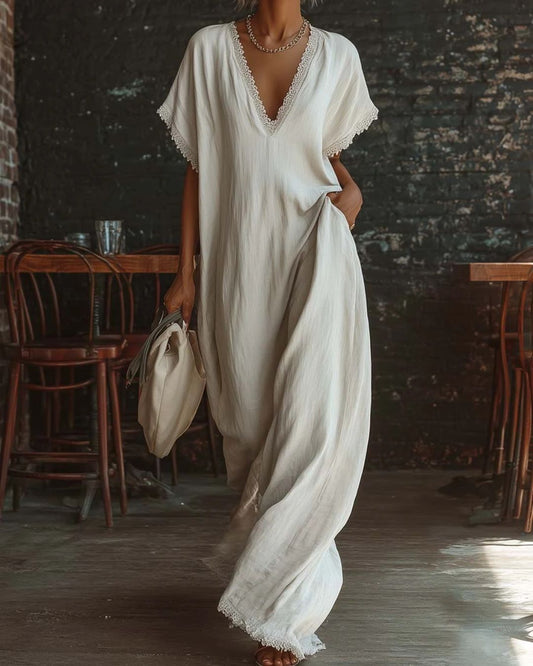 WILLLUXE® Linen Cotton Lace Trim Maxi Dress Boho Summer Beach Casual Loose Fit Flowy A-Line Long Dress Oversized V-Neck Vintage Style Dress
