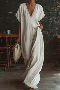 Willluxe® Boho Lace Trim Flowy A-Line Maxi Dress