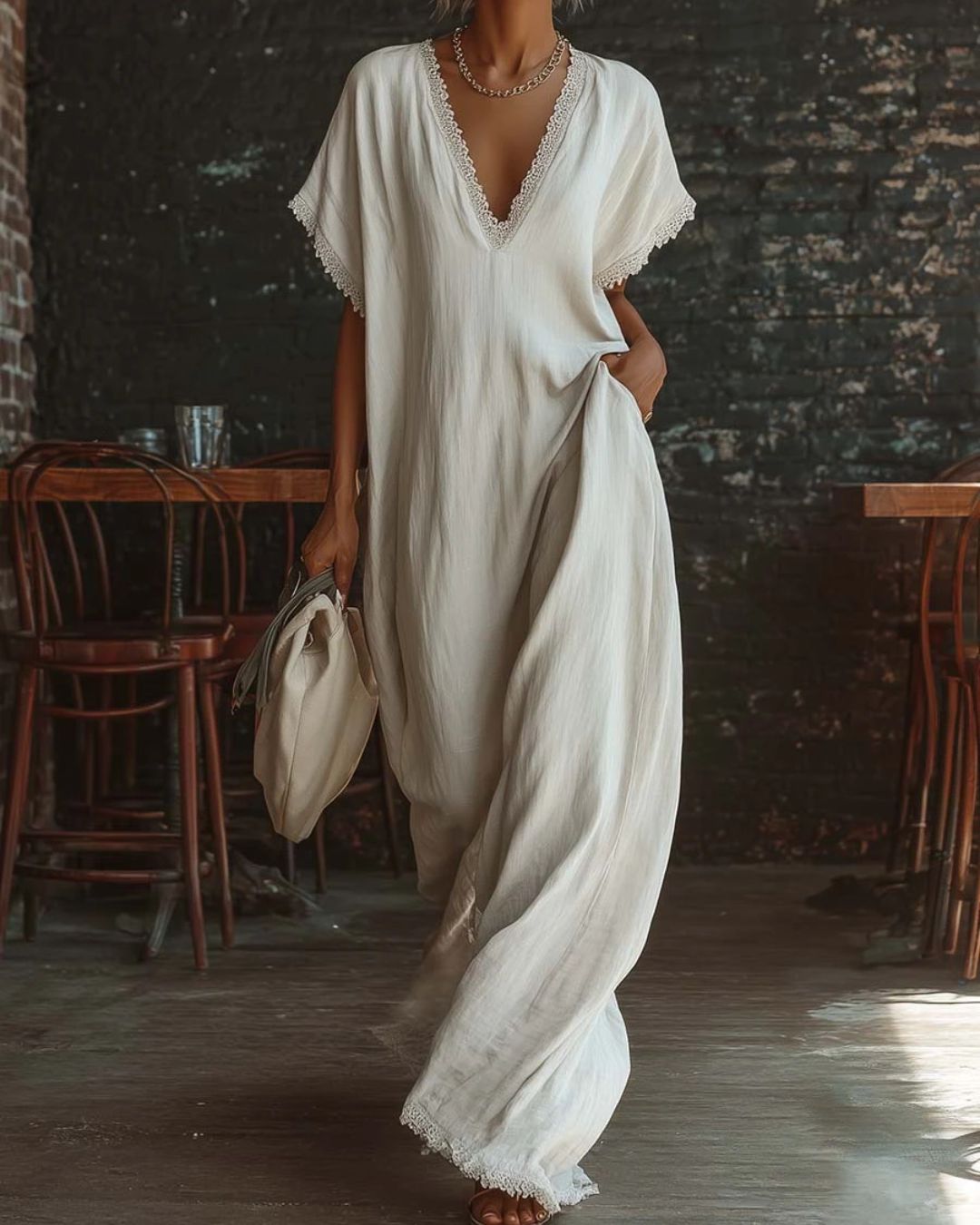 Willluxe® Boho Lace Trim Flowy A-Line Maxi Dress