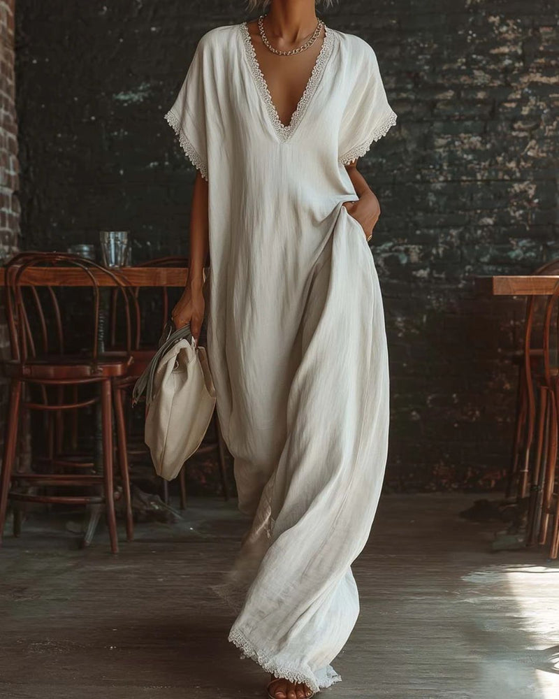 Willluxe® Boho Lace Trim Flowy A-Line Maxi Dress
