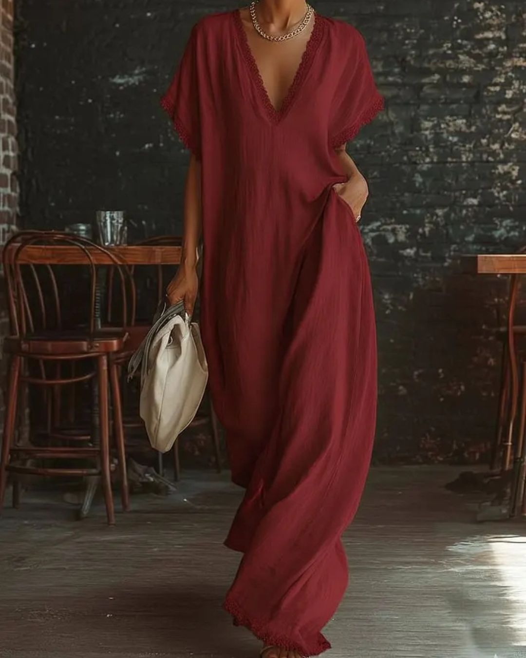 Willluxe® Boho Lace Trim Flowy A-Line Maxi Dress