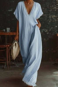 Willluxe® Boho Lace Trim Flowy A-Line Maxi Dress