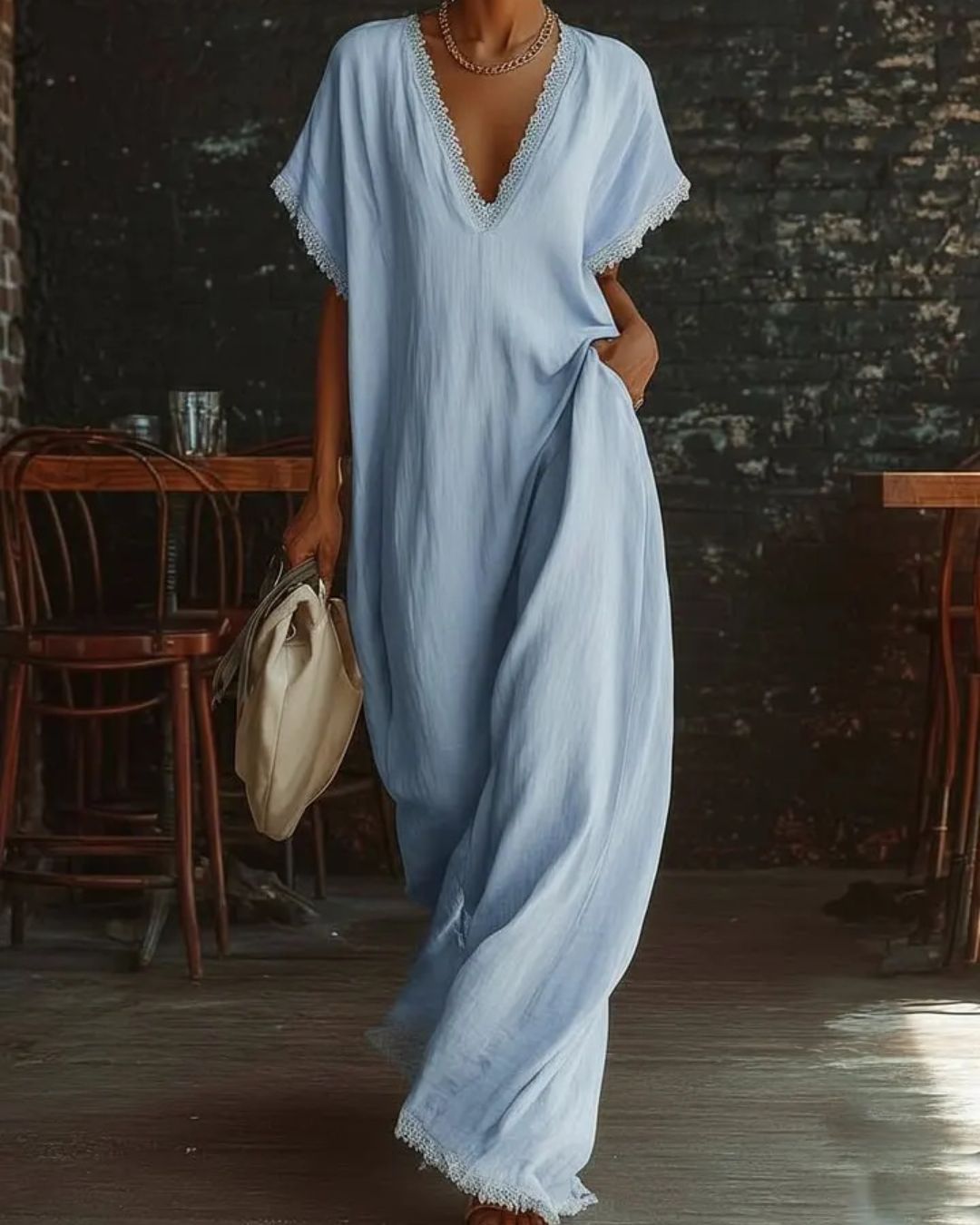 Willluxe® Boho Lace Trim Flowy A-Line Maxi Dress
