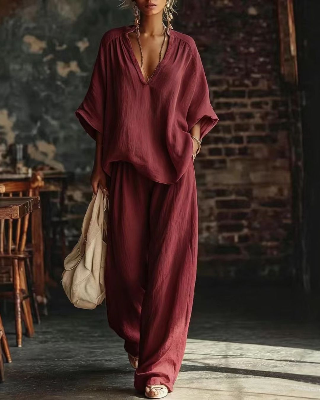 Willluxe® Casual Urban Boho V-neck Blouse Set
