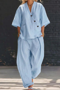 Willluxe® Casual Cotton V-neck Top And Wide Leg Set