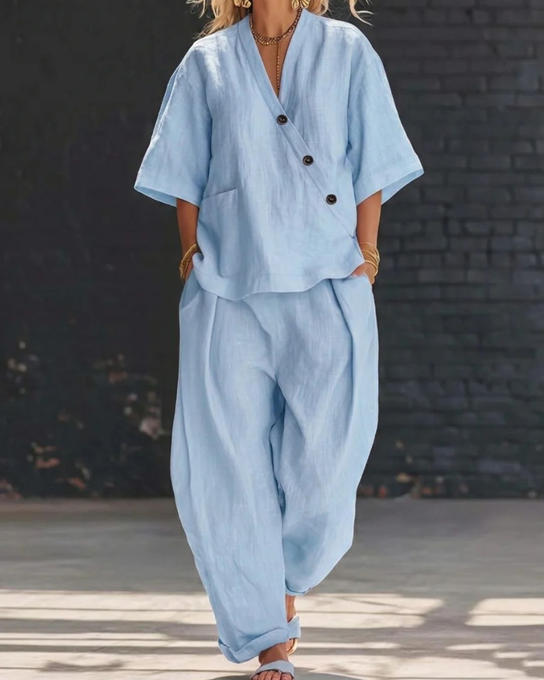 Willluxe® Casual Cotton And Linen V-neck Top And Wide Leg Set