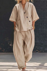 Willluxe® Casual Cotton V-neck Top And Wide Leg Set