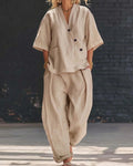 Willluxe® Casual Cotton V-neck Top And Wide Leg Set