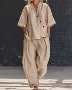 Willluxe® Casual Cotton V-neck Top And Wide Leg Set