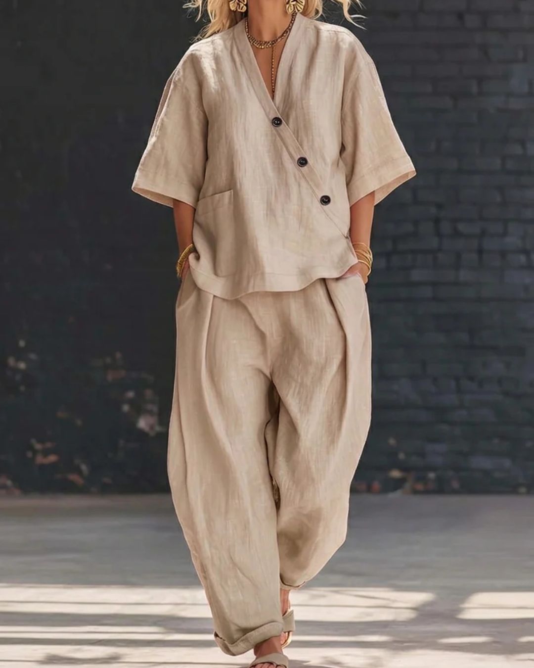 Willluxe® Casual Cotton And Linen V-neck Top And Wide Leg Set