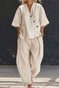 Willluxe® Casual Cotton V-neck Top And Wide Leg Set
