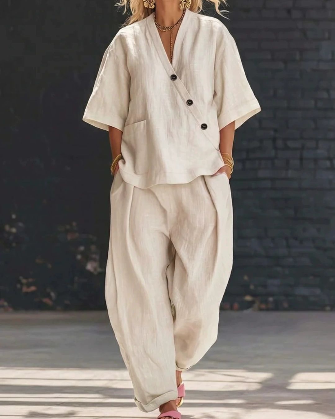 Willluxe® Casual Cotton And Linen V-neck Top And Wide Leg Set