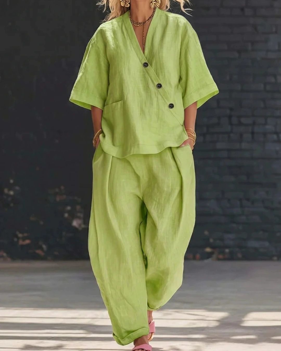 Willluxe® Casual Cotton And Linen V-neck Top And Wide Leg Set