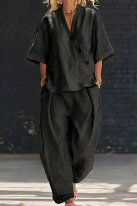 Willluxe® Casual Cotton V-neck Top And Wide Leg Set