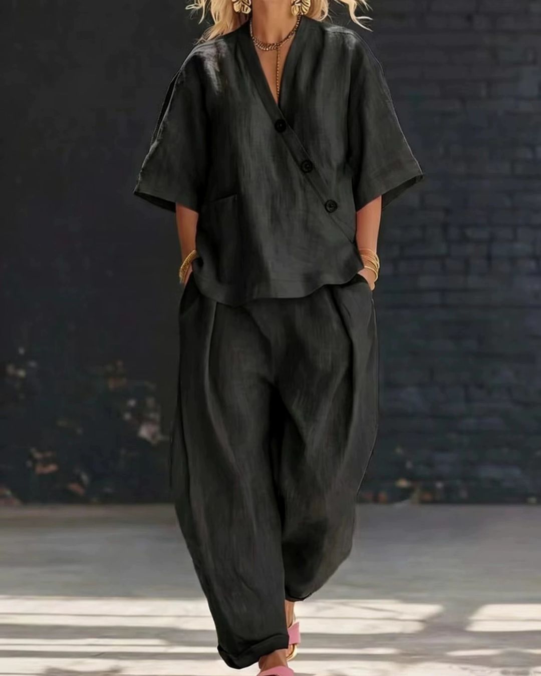 Willluxe® Casual Cotton And Linen V-neck Top And Wide Leg Set