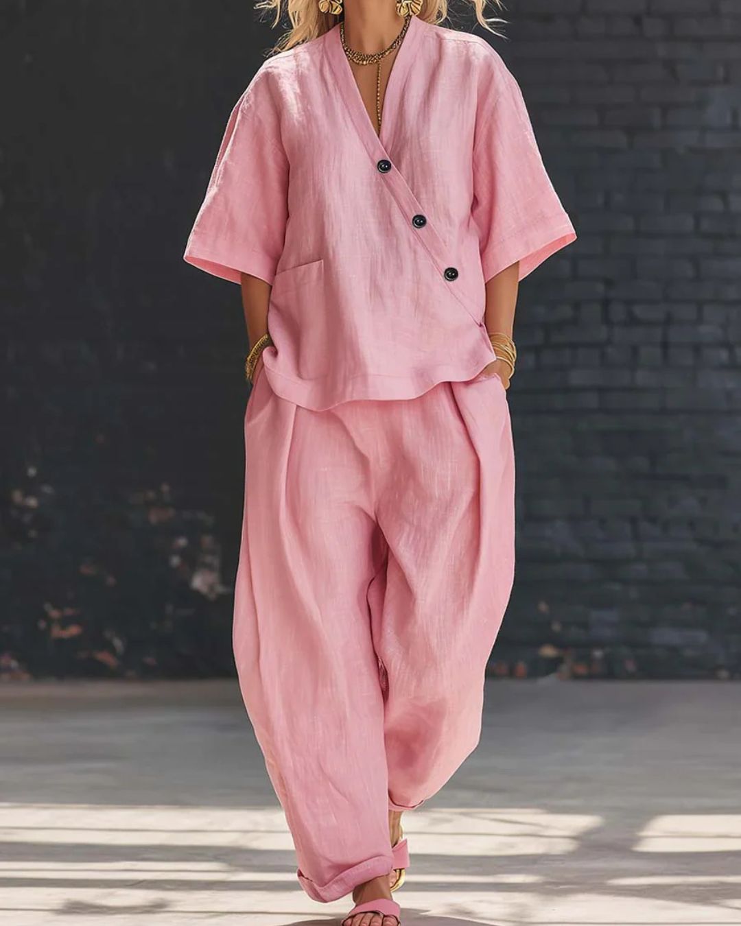 Willluxe® Casual Cotton And Linen V-neck Top And Wide Leg Set