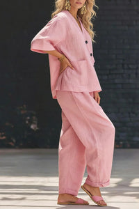 Willluxe® Casual Cotton V-neck Top And Wide Leg Set