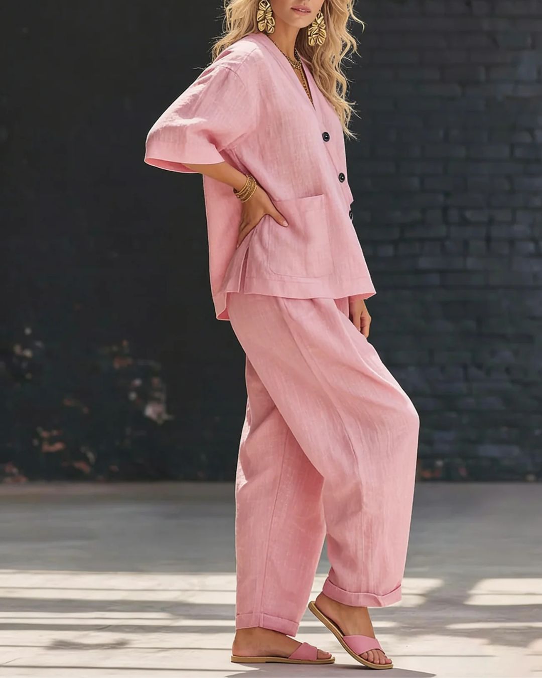 Willluxe® Casual Cotton And Linen V-neck Top And Wide Leg Set