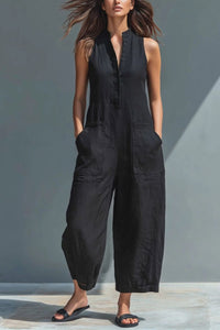 Willluxe® Vintage Solid Color Sleeveless Jumpsuit Stand Collar Loose Leg Spring Summer Work & Casual Outfit