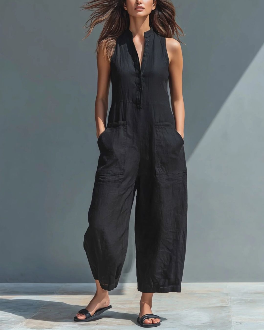 Willluxe® Vintage Solid Color Sleeveless Jumpsuit Stand Collar Loose Leg Spring Summer Work & Casual Outfit