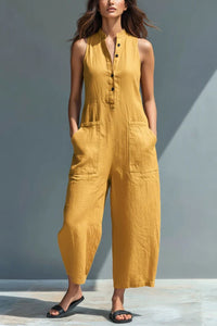 Willluxe® Vintage Solid Color Sleeveless Jumpsuit Stand Collar Loose Leg Spring Summer Work & Casual Outfit