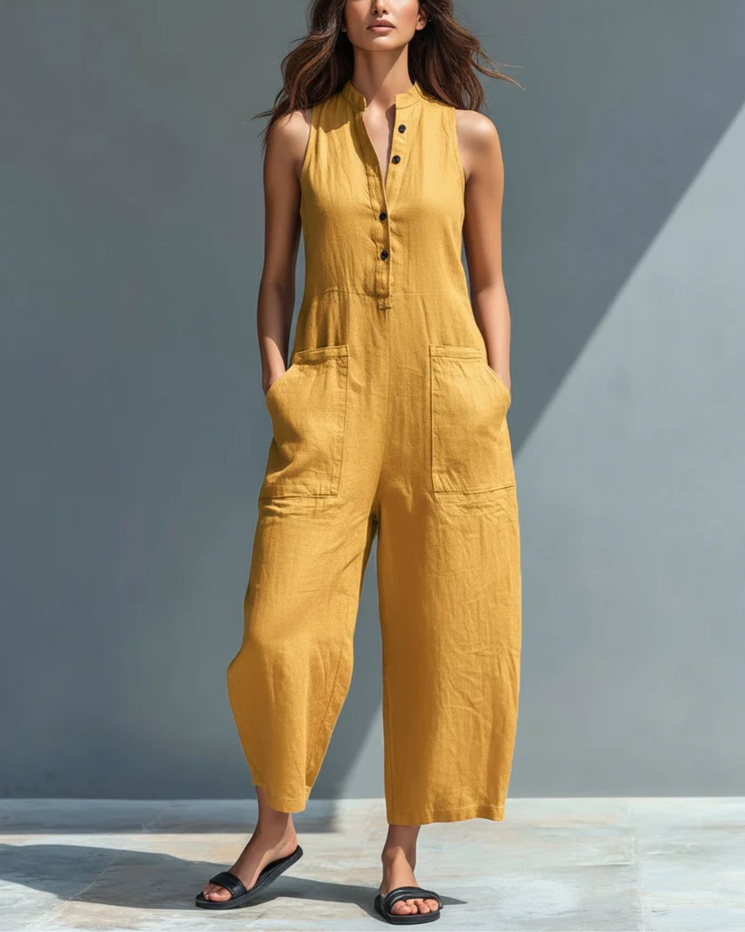 Willluxe® Vintage Solid Color Sleeveless Jumpsuit Stand Collar Loose Leg Spring Summer Work & Casual Outfit